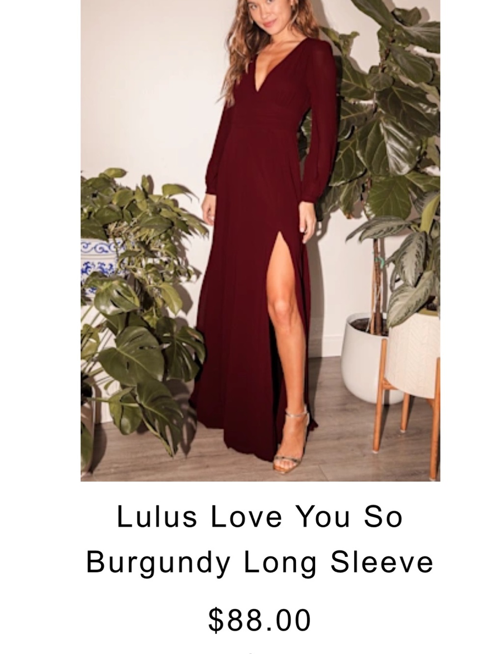 Lulu's Burgundy Long Sleeve V‑Neck Maxi Dress with Side Slit